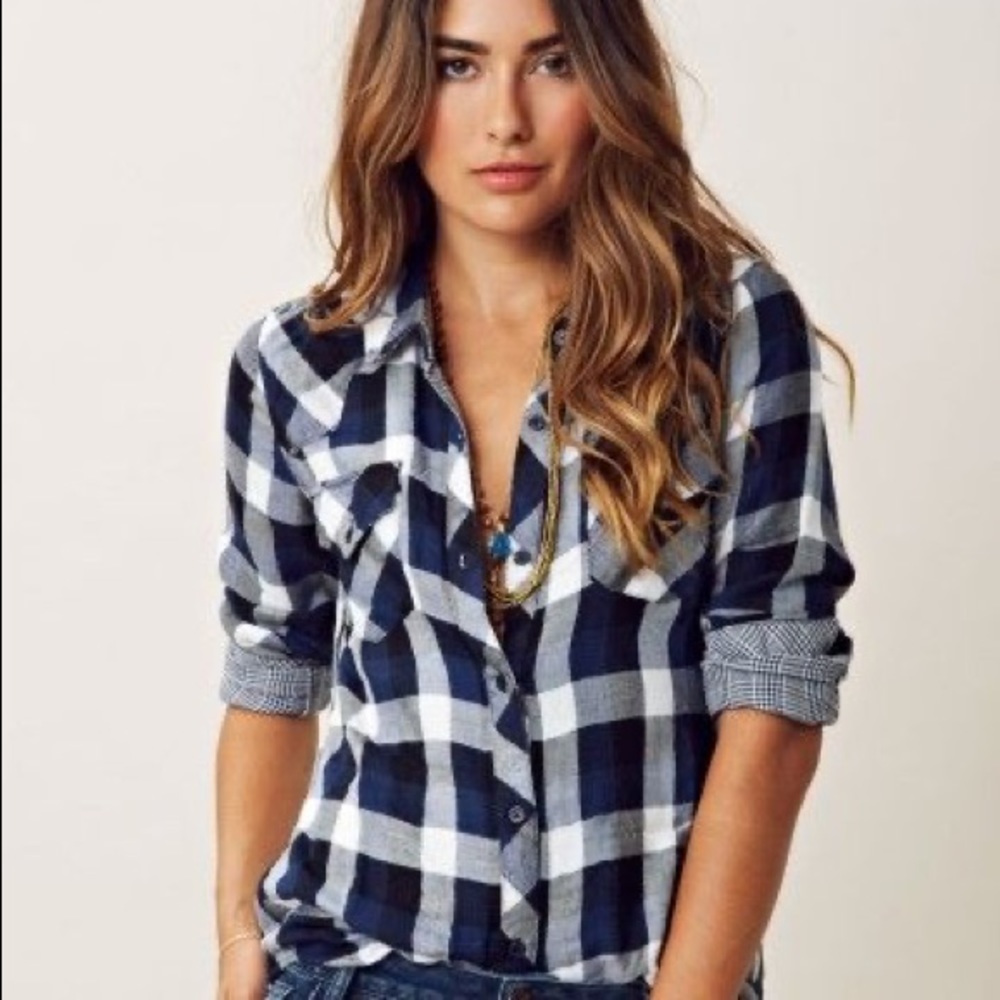 Rails Navy and White Buffalo Check Button-Up Blouse